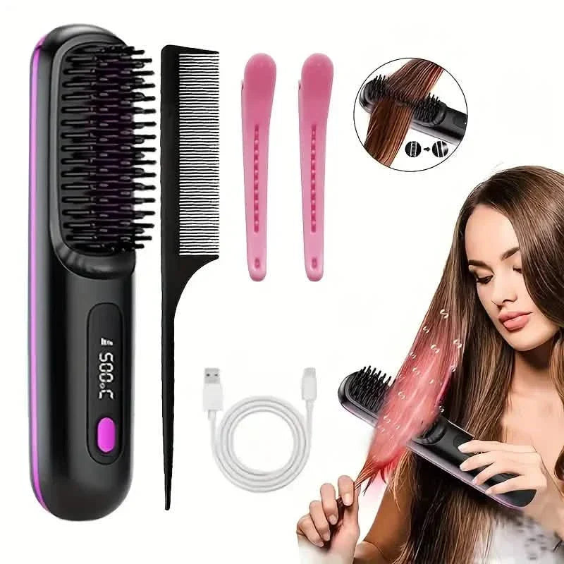 Portable Wireless Hair Straightener Comb – USB Rechargeable, 3-Speed, Negative Ion