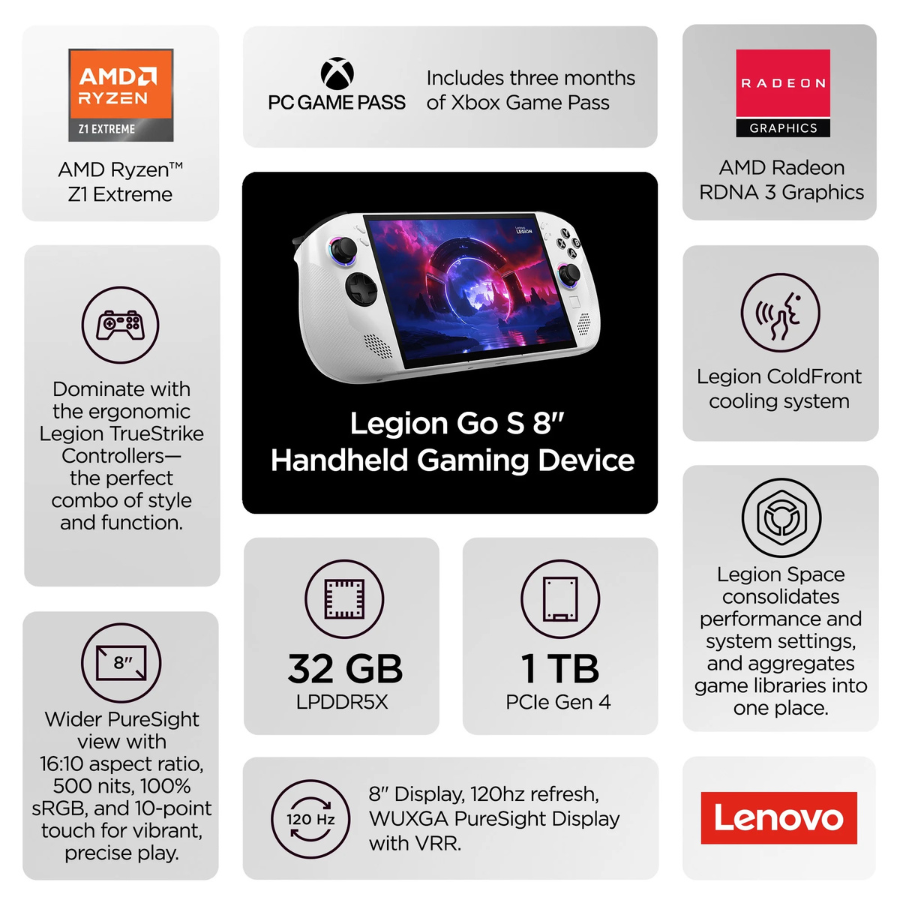 Lenovo Legion Go S 8" Handheld Touchscreen Gaming 1TB/32GB RAM - Glacier White (New)