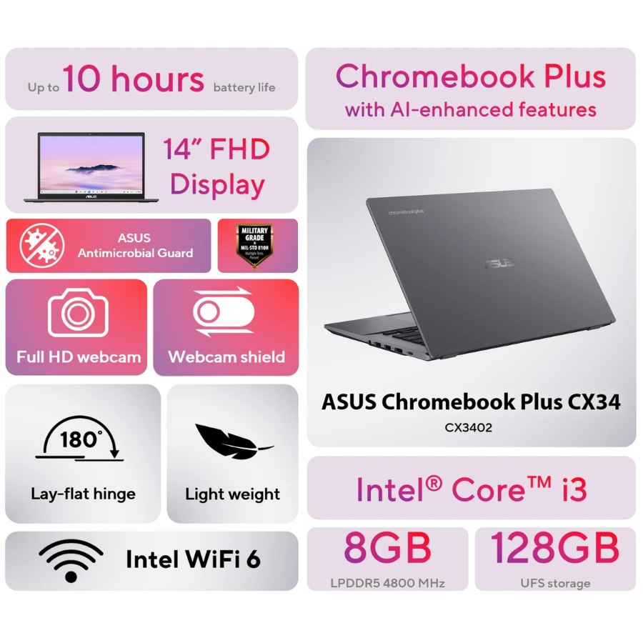 ASUS Chromebook Plus CX34 14" Laptop 128GB/8GB RAM (CX3402CVA) Grey (NEW)