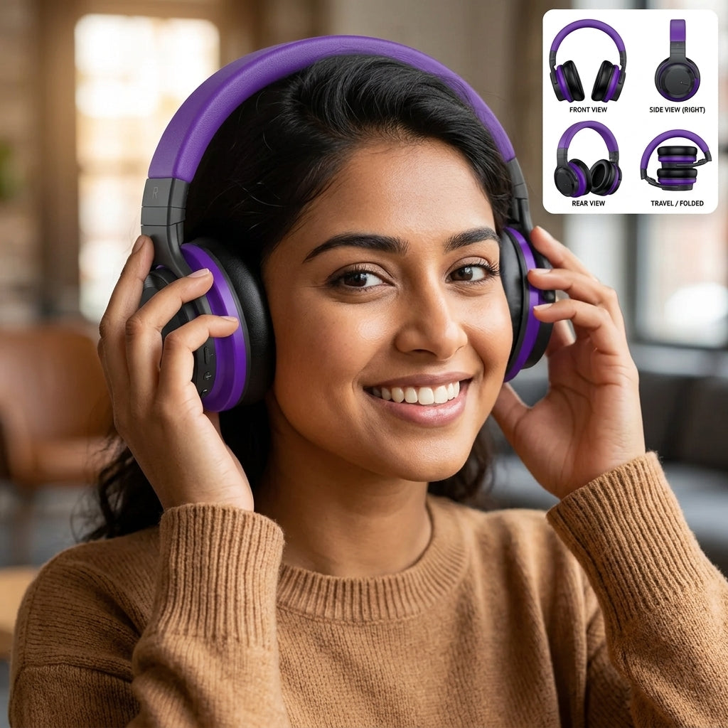 Title: Purple Wireless Over-Ear Headphones with Active Noise Cancelling