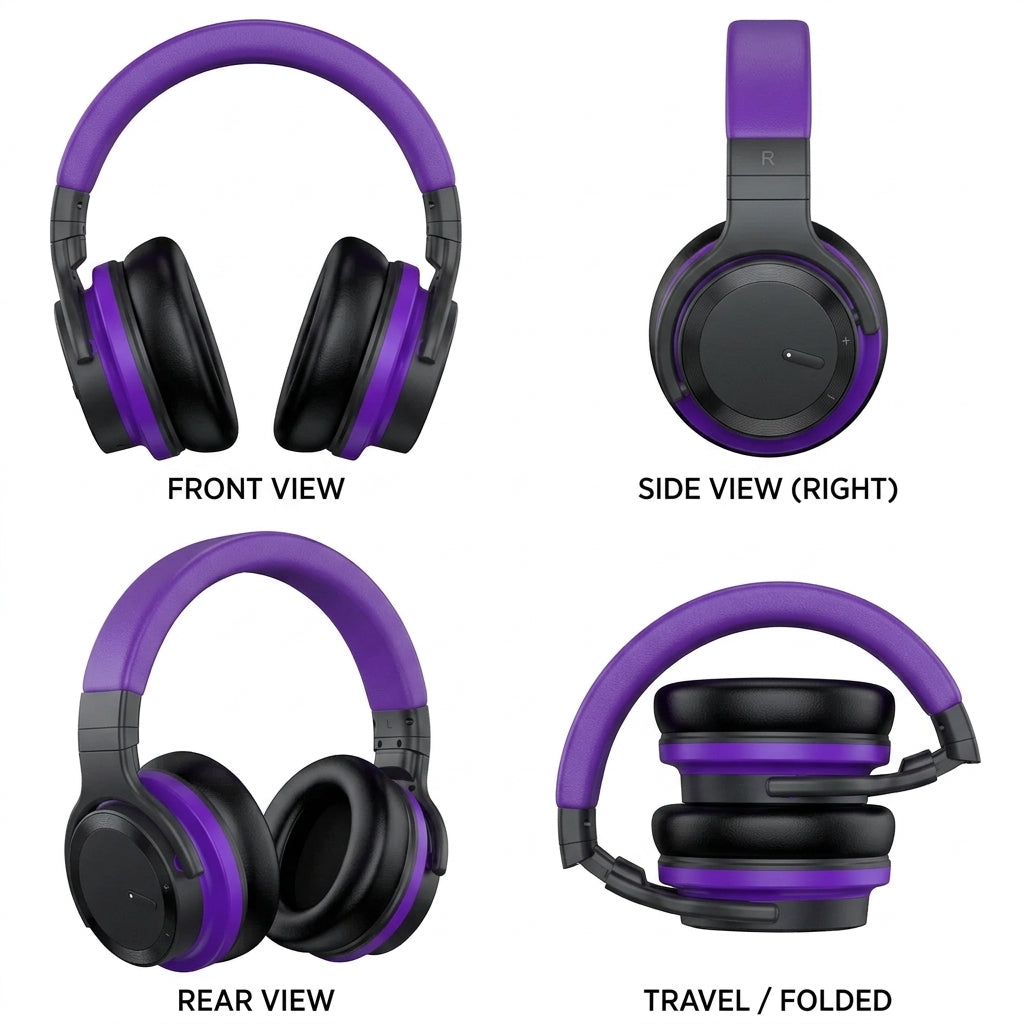 Title: Purple Wireless Over-Ear Headphones with Active Noise Cancelling