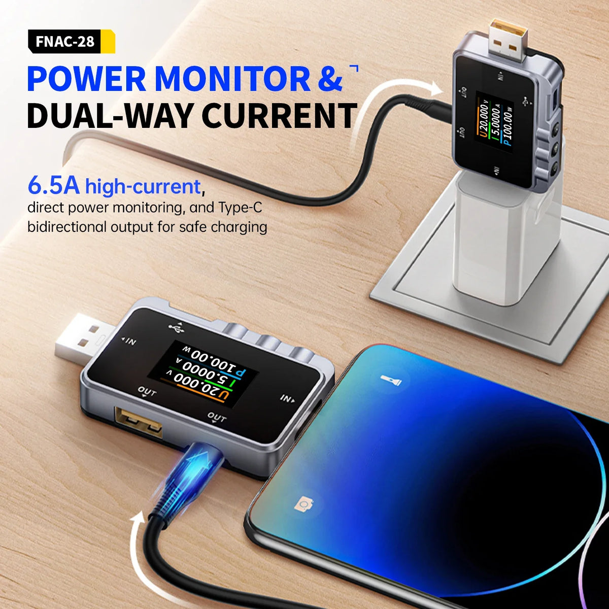 FNIRSI FNAC-28  Type-C USB Tester  2-IN-1 Digital Voltmeter Ammeter Amperimetor Voltage Current Meter Power Bank Charger Measure
