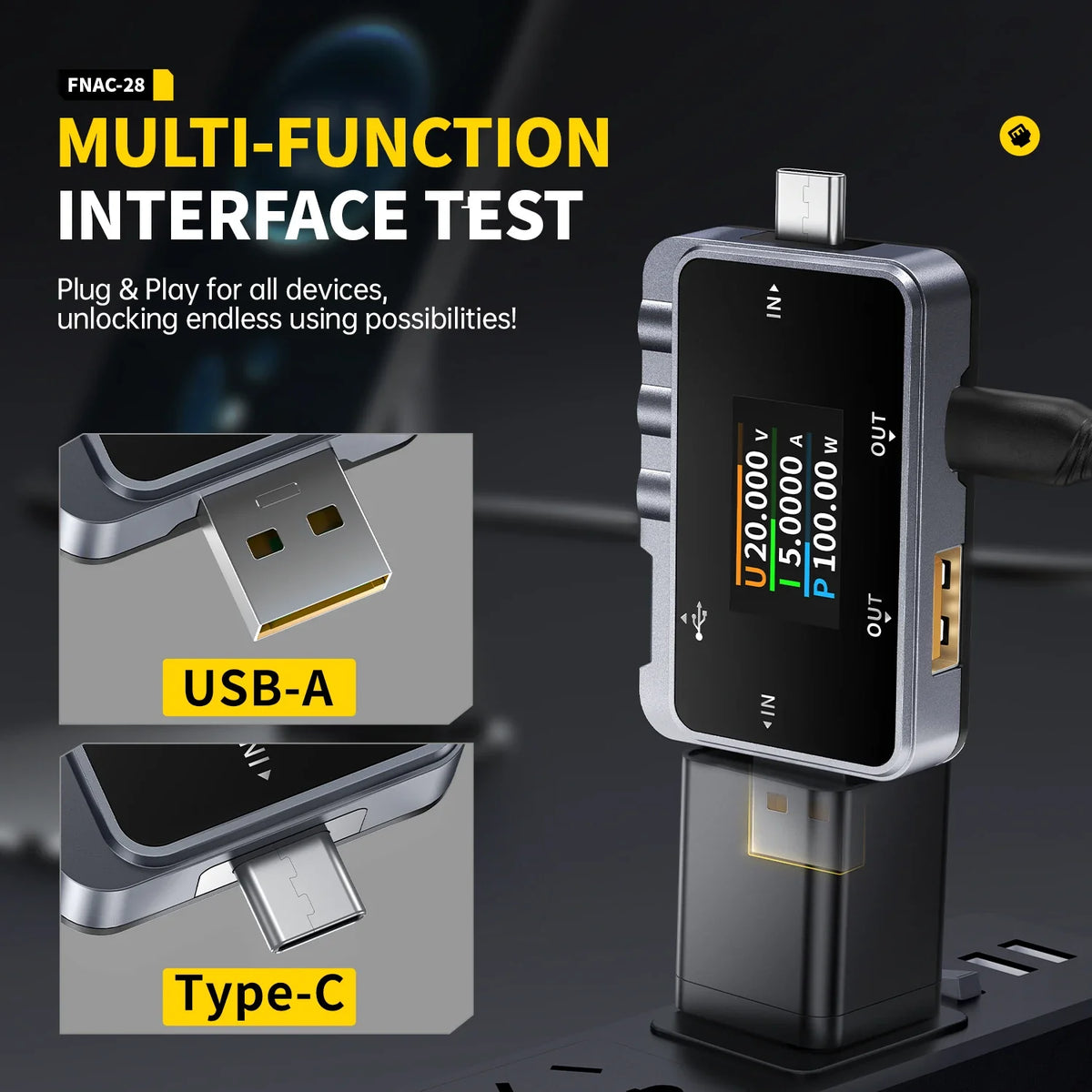 FNIRSI FNAC-28  Type-C USB Tester  2-IN-1 Digital Voltmeter Ammeter Amperimetor Voltage Current Meter Power Bank Charger Measure