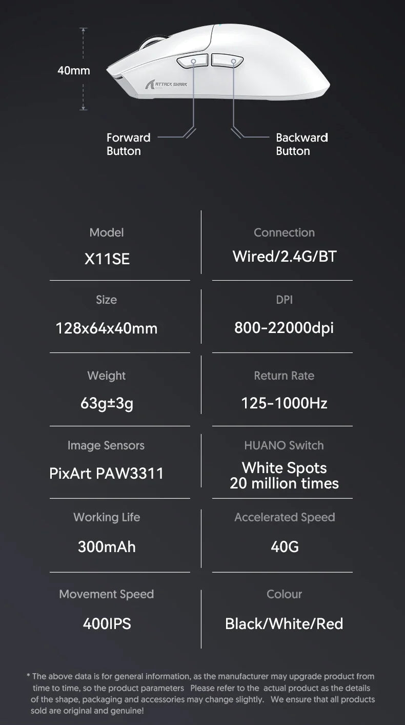 Attack Shark X11  X11SE Wireless Gaming Mouse 3-Mode , PAW3311, 22000DPI, 400IPS, PC Gaming Mouse