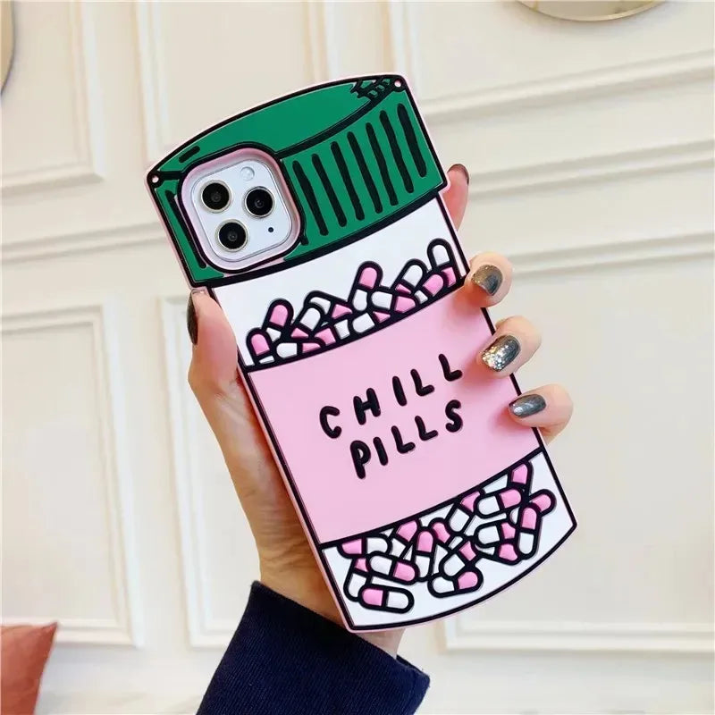 For iPhone 16 promax 15 14 Pro Max 13 12 11 3D Cartoon Chill Pills Phone Case Medicine Bottle Soft Silicone Cover