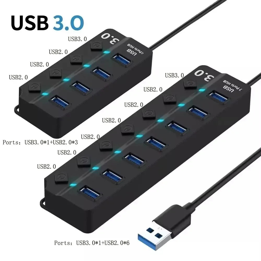 4/7-Port USB 3.0 Hub with LED Indicator Independent Switch Control for Laptop Flash Drive Hard Disk Printer Camera Keyboard