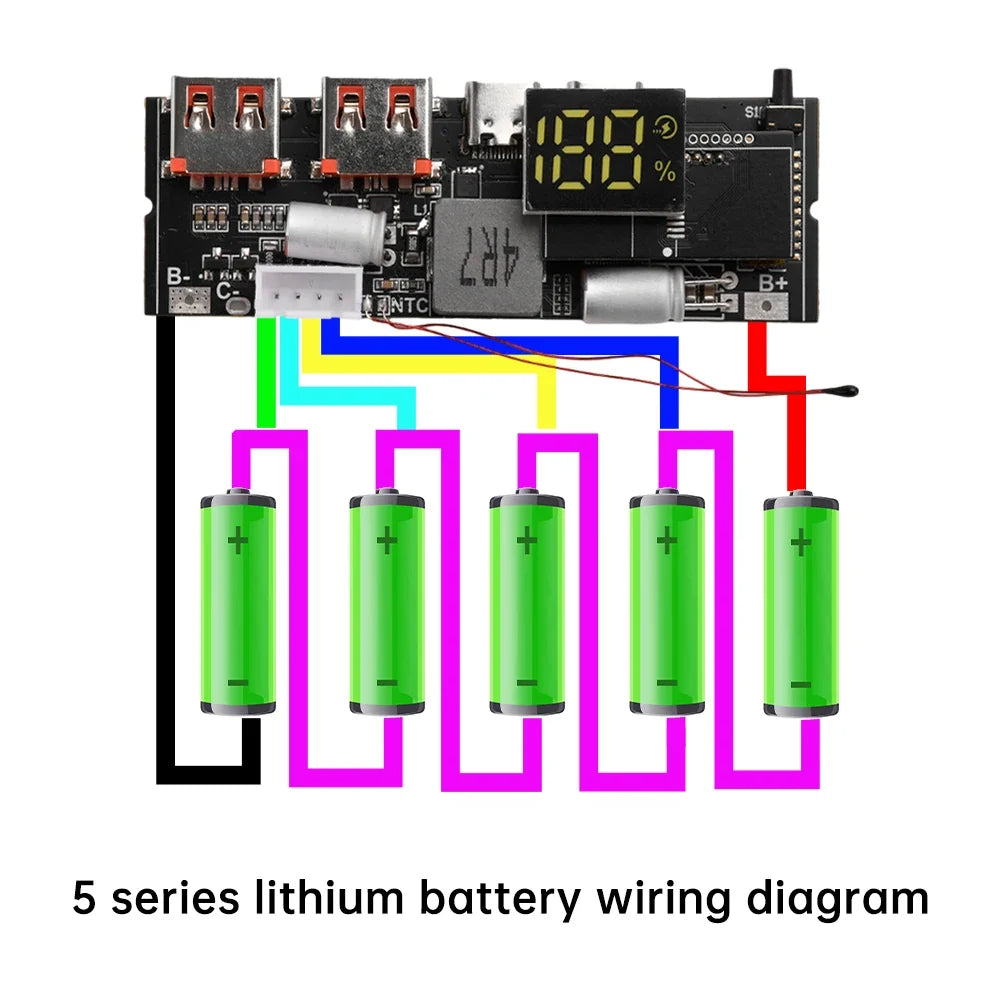 QC3.0 PD2.0 LED 4 Port USB 3S 4S 5S 65W 100W Micro/Type-C USB Mobile Power Bank 18650 Charging Module Circuit Protection