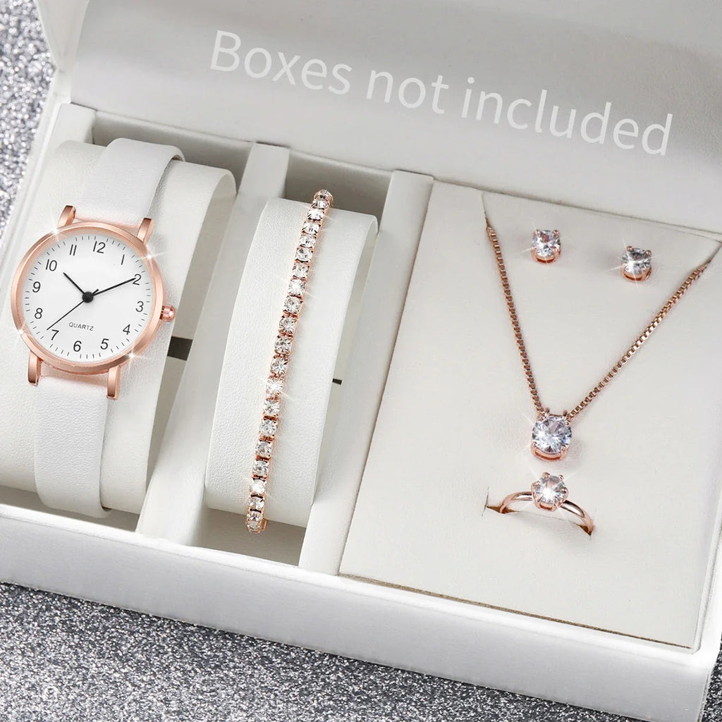 5/6PCS Fashion Women's Quartz Watch Leather Band Analog Quartz Watches with Diamond Jewelry (Without Box)