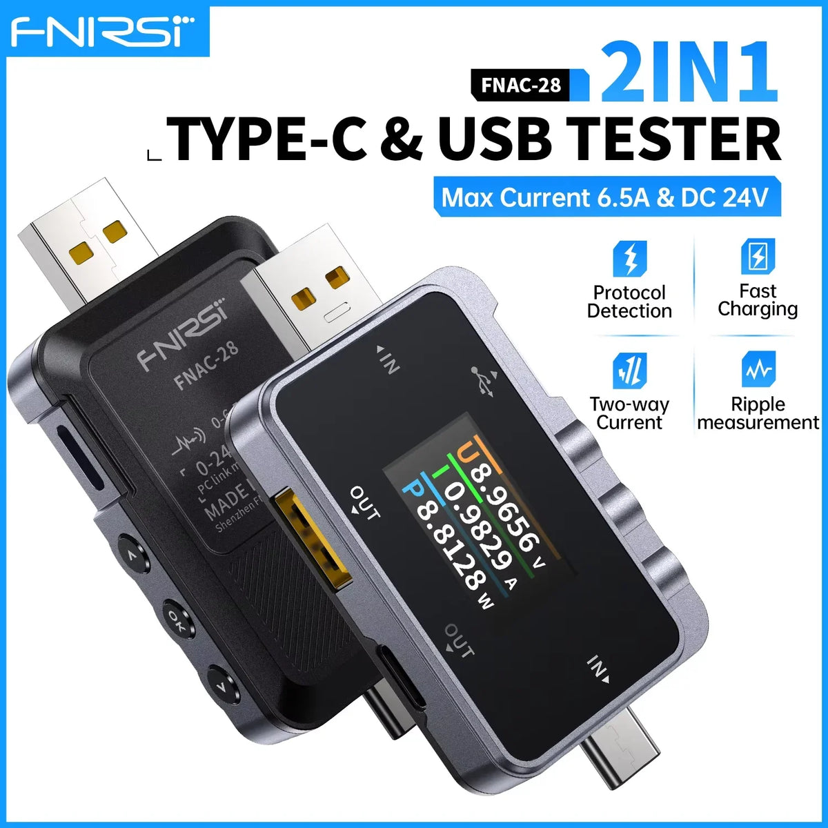 FNIRSI FNAC-28  Type-C USB Tester  2-IN-1 Digital Voltmeter Ammeter Amperimetor Voltage Current Meter Power Bank Charger Measure
