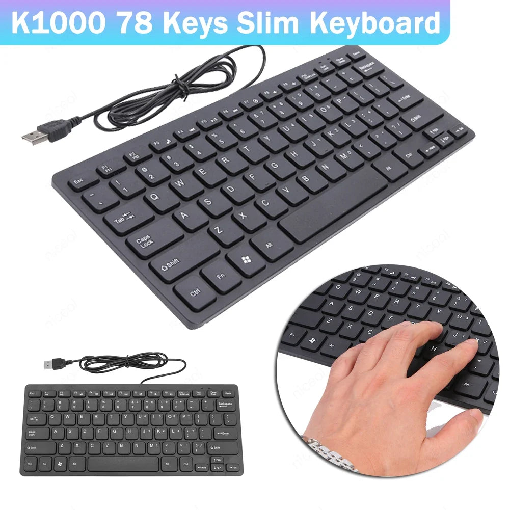 K1000 Super Slim USB Mini Multimedia Wired Keyboard 78 Keys Kaypad for Notebook