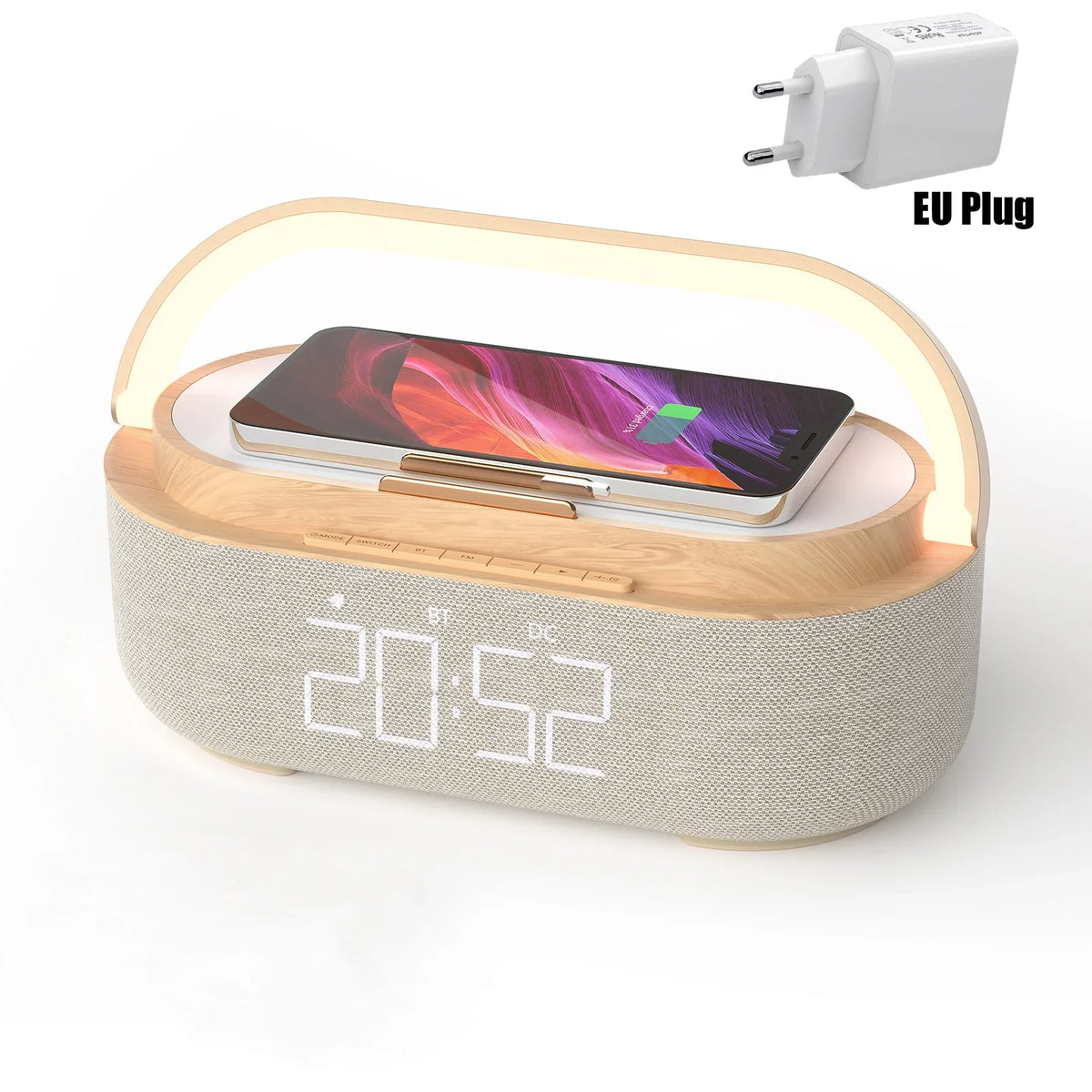 2500mAh Bluetooth Speaker with Wireless Charger, FM Radio & Dimmable Light - Portable Dual Speaker for Bedroom, Office & Gifts