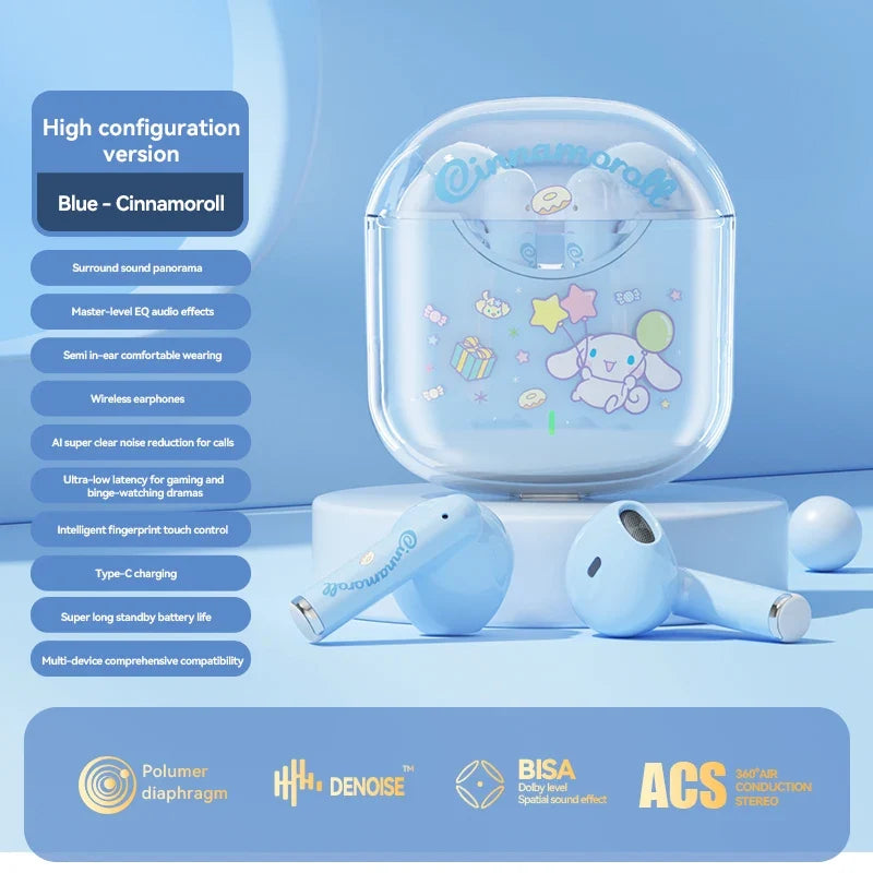 EBL19 Tws Wireless Bluetooth Headset Transparent Case Cute Hello Kitty Design Stereo Sound Earphones for All Smartphones