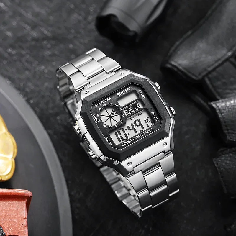 MAYZHISU Classic Men's Digital Watches Luxury Stainless Steel Strap Sport Watches Men Military Clock LED Sport Wristwatch