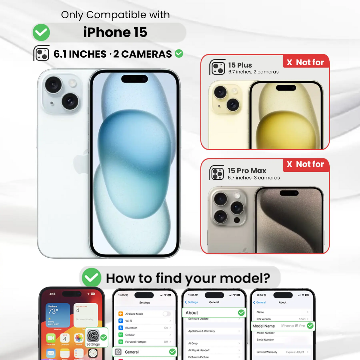 Entronix Bundle Compatible with iPhone 15 - [Hard Back] Clear Case, 2 Clear Screen Protector & 2 Camera Lens Protectors